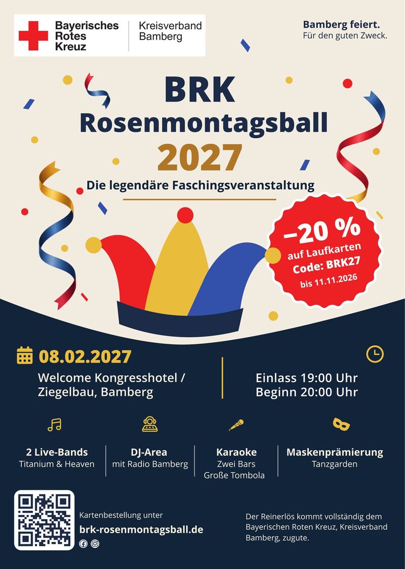 Plakat zum BRK Rosenmontagsball 2027 mit Narrenkappe und Luftschlangen